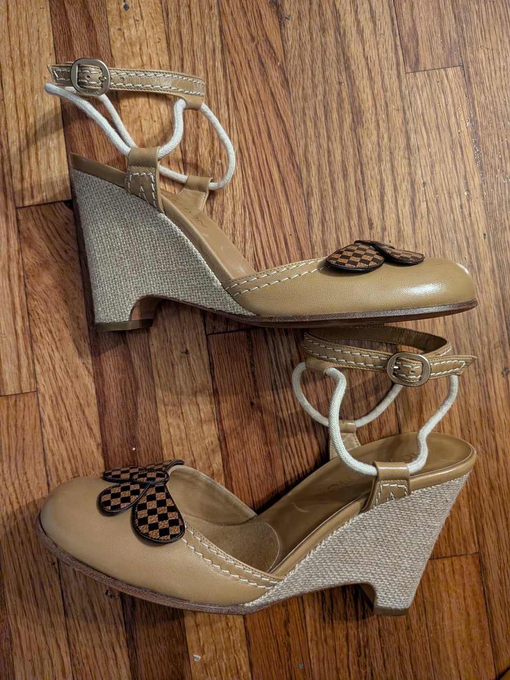 Louis Vuitton Women’s Tan Ankle-Strap Wedge Heels with Checker Bow - Picture 2 of 3